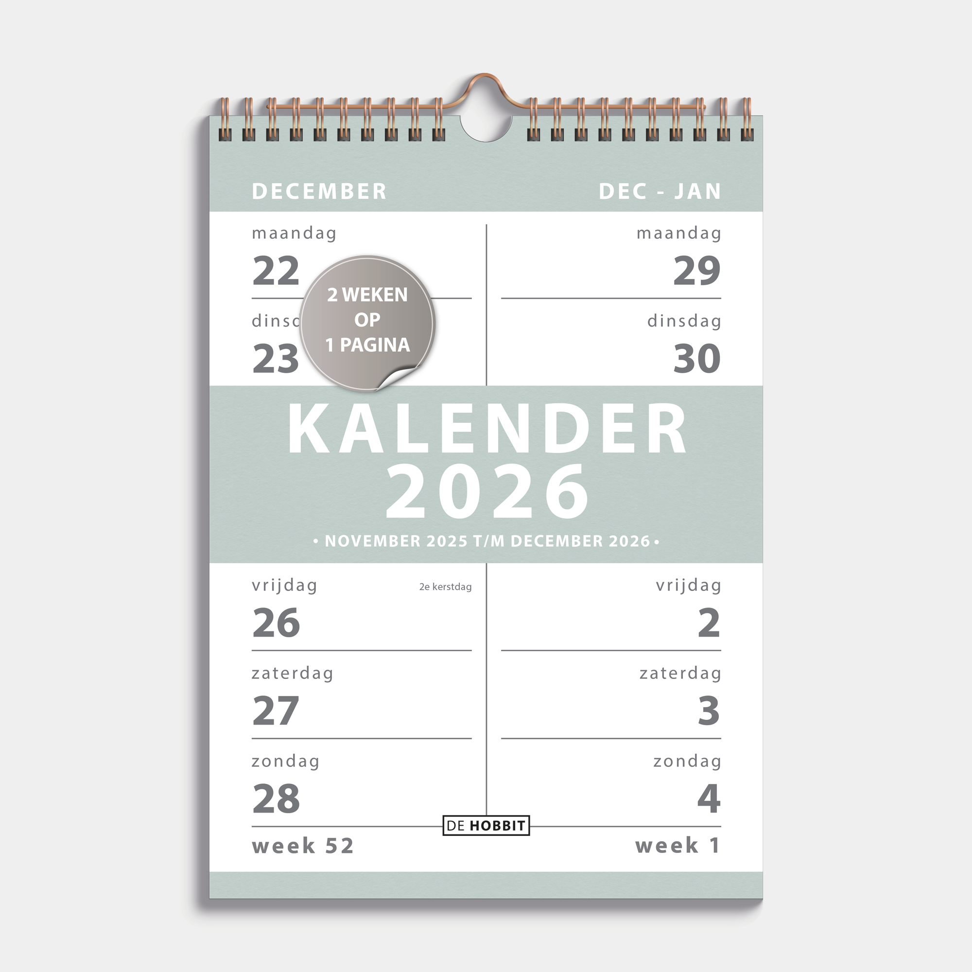 SPIRAALKALENDER 2026 2-WEEKS A4 GRIJSGROEN