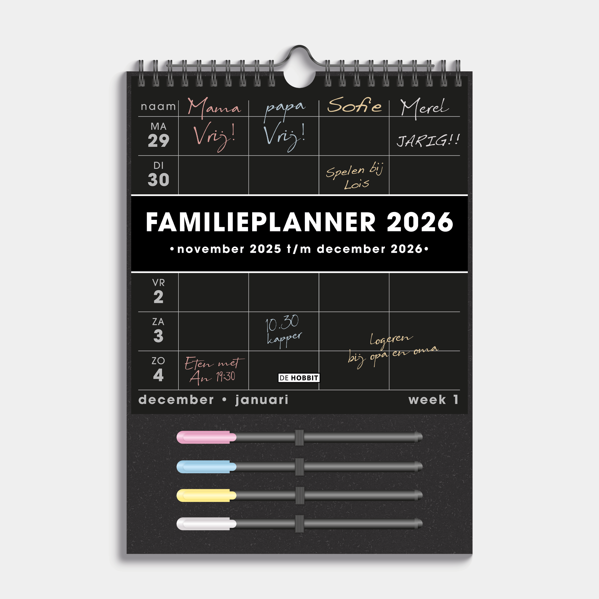 FAMILIEPLANNER MARKERS 2026 A4 ZWART